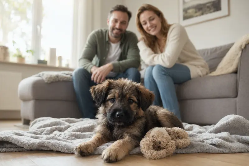 Ein junger Liptak Welpe entdeckt neugierig sein neues Zuhause in einer hellen Wohnung mit weicher Decke und Spielzeug, während seine Familie im Hintergrund sitzt.