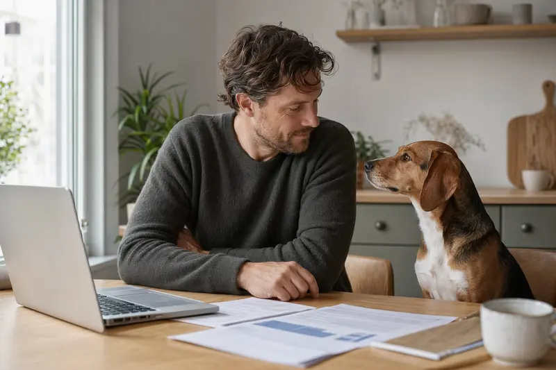 Ein Litauische Bracke Hund sitzt entspannt neben seinem Besitzer am Küchentisch, auf dem Versicherungsunterlagen und ein neutraler Laptop liegen.