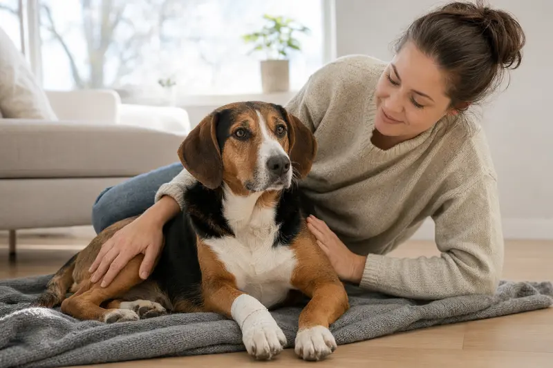 Ein litauischer Bracke Hund mit einem sanften Verband an der Pfote liegt entspannt auf einer Decke, während sein Besitzer erleichtert neben ihm sitzt.