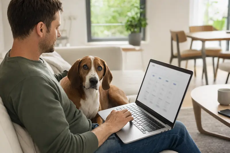 Ein Hundebesitzer auf dem Sofa mit Laptop und einem litauischen Bracke Hund, der eine Versicherungsvergleichsseite betrachtet.