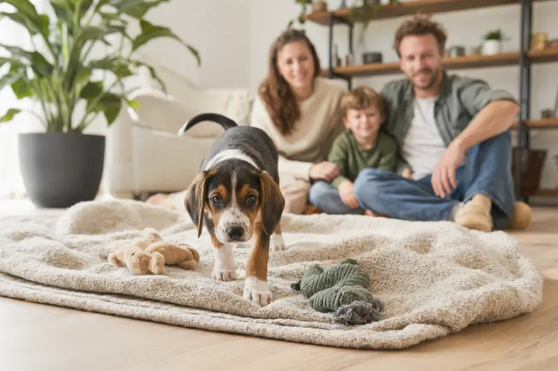 Ein neugieriger Litauische Bracke Welpe entdeckt seine liebevoll eingerichtete Wohnung mit weicher Decke und Spielzeug im Hintergrund.