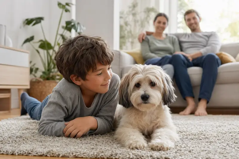 Ein freundlicher Löwchen Hund liegt entspannt neben einem Kind im hellen Wohnzimmer, während die Eltern im Hintergrund für eine sichere Familienatmosphäre sorgen.