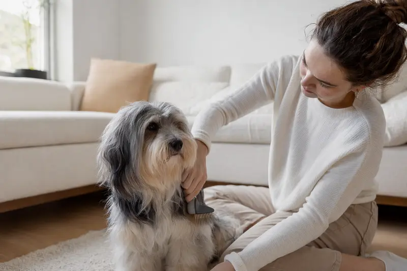 Ein Löwchen Hund wird in einer hellen Wohnung sanft gebürstet, während sich der Besitzer liebevoll um die Fellpflege kümmert.