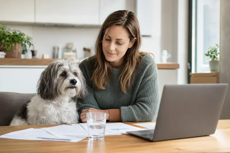 Ein Löwchen Hund sitzt entspannt neben seinem Besitzer am Küchentisch mit Versicherungsunterlagen und einem Laptop.