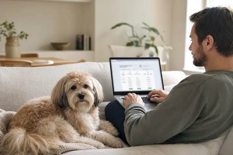 Ein Hundebesitzer sitzt mit seinem Löwchen auf dem Sofa und vergleicht Versicherungen auf seinem Laptop.