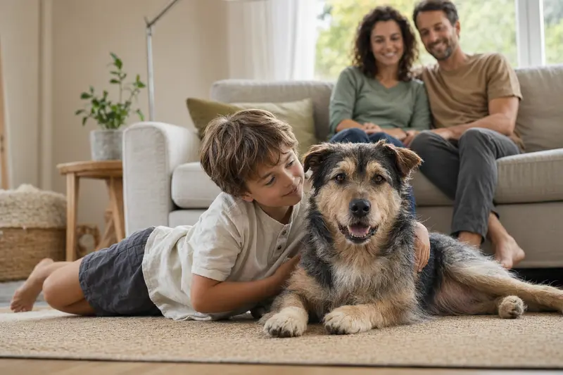 Ein freundlicher Löwenhund liegt entspannt neben einem Kind im Wohnzimmer und schafft eine sichere Familienatmosphäre.