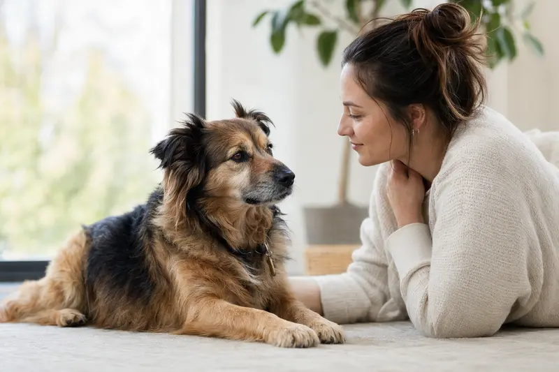 Ein schöner Löwenhund steht aufmerksam vor einem neutralen Hintergrund.