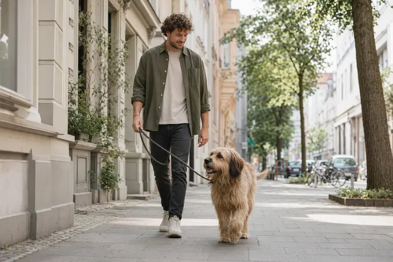 Ein Löwenhund läuft entspannt an der Leine mit seinem Besitzer durch eine moderne Stadtstraße.