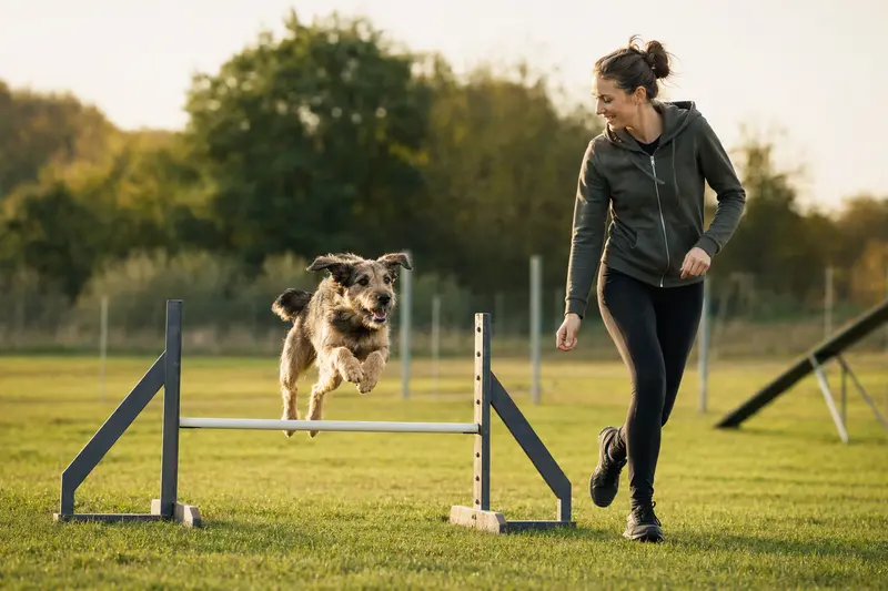 Ein Löwenhund trainiert mit seinem Besitzer auf einem Hundeplatz an einer kleinen Trainingshürde.