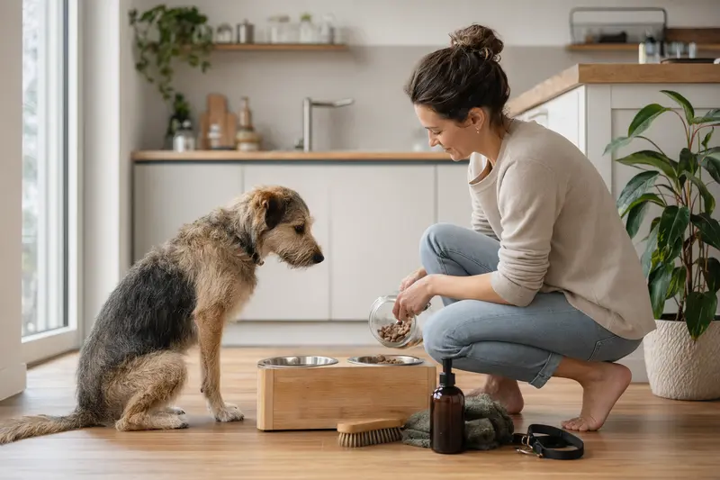 Ein Löwenhund sitzt neben einem hochwertigen Futternapf und Pflegezubehör in einer hellen Küche, während der Besitzer gesundes Futter vorbereitet.
