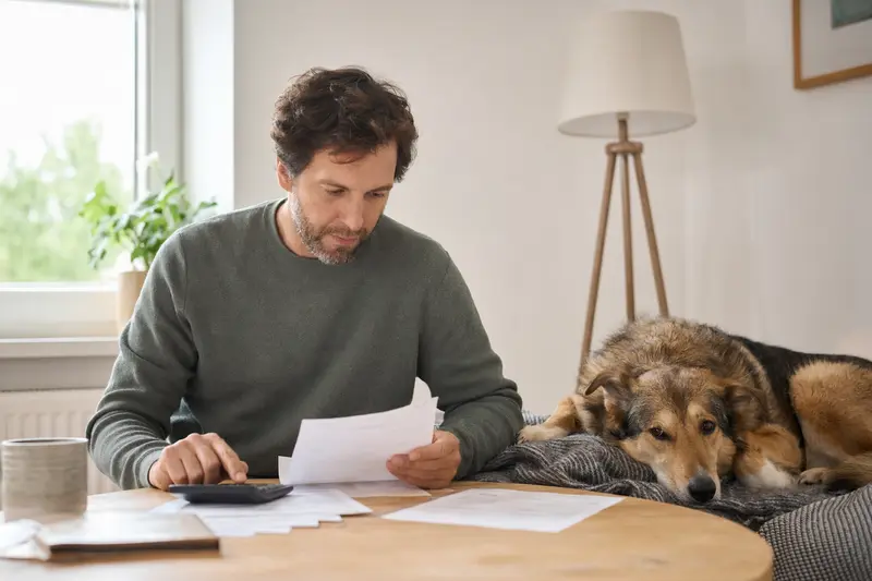 Ein entspannter Löwenhund liegt neben einer Tierarztrechnung auf einem Tisch in einer hellen Wohnung.