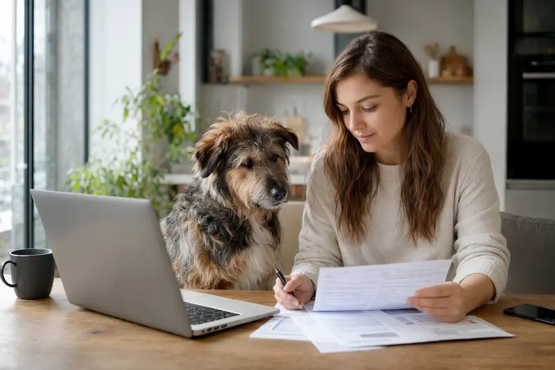 Ein Löwenhund sitzt entspannt neben seinem Besitzer an einem Küchentisch mit Versicherungsunterlagen und einem Laptop.
