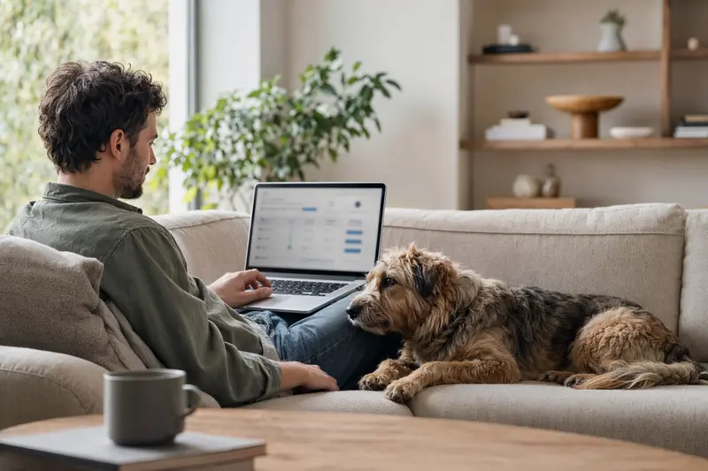 Ein Hundebesitzer arbeitet am Laptop auf dem Sofa, während ein Löwenhund ihn begleitet, was Sicherheit und einfache Entscheidungen bei der Tierversicherung symbolisiert.