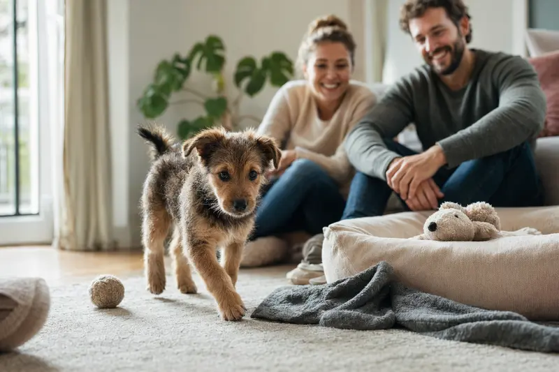 Ein junger Löwenhund Welpe erkundet neugierig sein neues Zuhause mit einer weichen Decke und Spielzeug im Hintergrund.