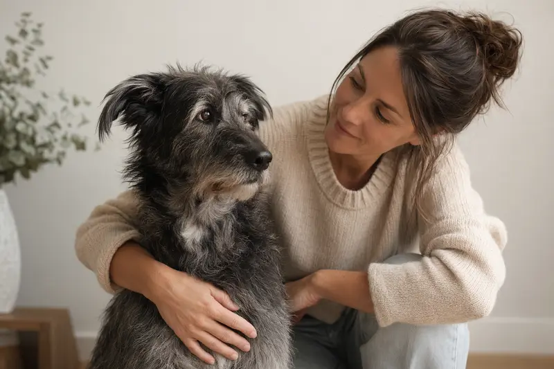 Ein Longdog Hund steht aufmerksam in natürlicher Haltung vor hellem Hintergrund, als realistisches Tierportrait mit weichem Licht.