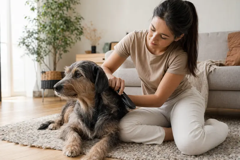 Ein Longdog wird zuhause von seinem Besitzer sanft gebürstet, was die liebevolle Fellpflege und verantwortungsvolle Hundegesundheit zeigt.