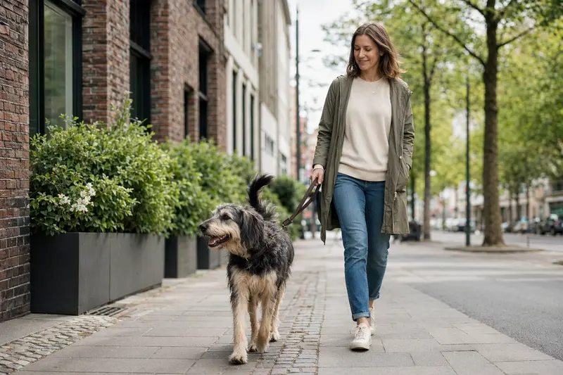 Ein Longdog läuft entspannt an der Leine mit seinem Besitzer durch eine moderne Stadtstraße.