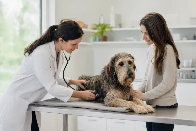 Ein ruhiger Longdog Hund wird von einer freundlichen Tierärztin mit einem Stethoskop in einer modernen Tierarztpraxis untersucht, während der Besitzer beruhigend daneben steht.