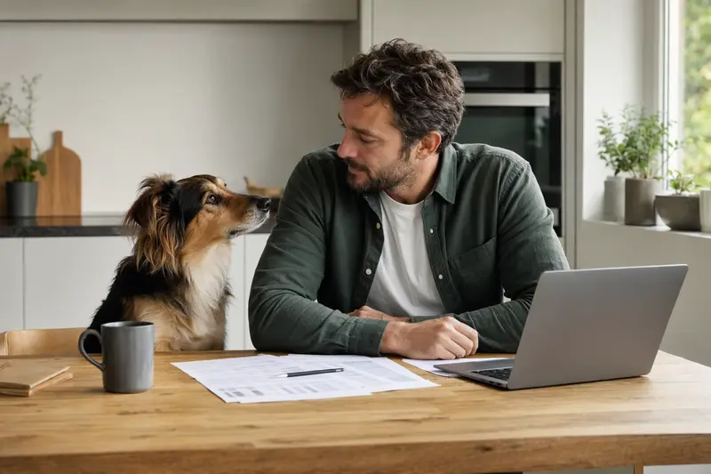 Ein Longdog sitzt entspannt neben seinem Besitzer am Küchentisch, auf dem Versicherungsunterlagen und ein Laptop liegen.
