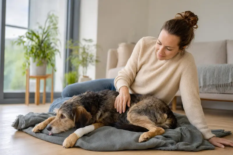 Ein Longdog mit leichtem Verband an der Pfote liegt entspannt auf einer Decke, während sein Besitzer neben ihm sitzt und beruhigt wirkt.