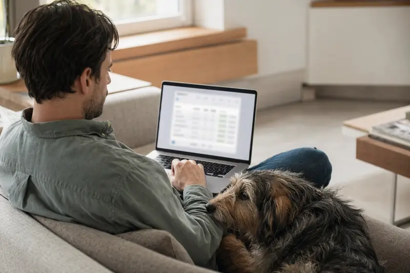 Ein Hundebesitzer sitzt entspannt mit einem Laptop auf dem Sofa, während sein Longdog-Hund neben ihm liegt.