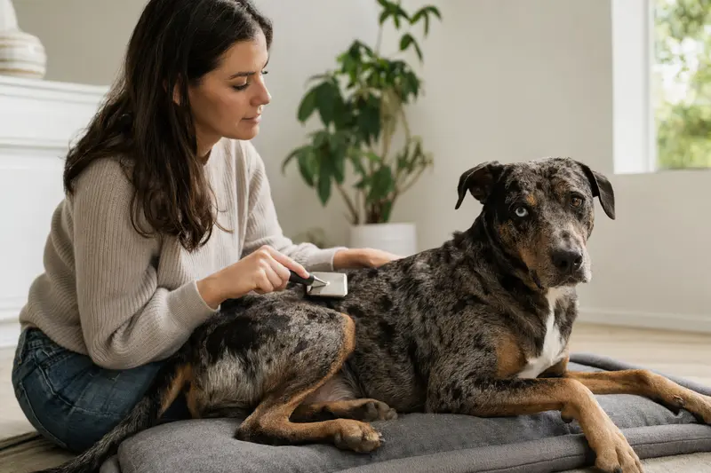 Ein Louisiana Catahoula Leopard Dog wird in einer hellen Wohnung sanft gebürstet, während sein Besitzer die Fellpflege liebevoll übernimmt.