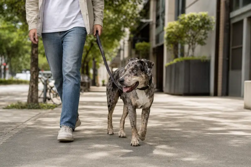 Ein Louisiana Catahoula Leopard Dog läuft an der Leine mit seinem Besitzer durch eine freundliche moderne Stadtstraße.