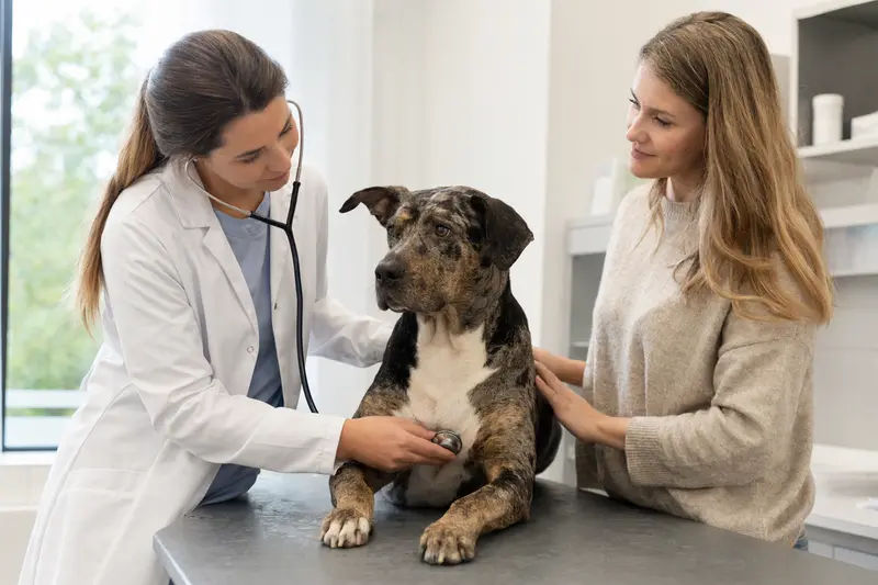 Ein ruhiger Louisiana Catahoula Leopard Dog wird von einer freundlichen Tierärztin in einer modernen Praxis mit einem Stethoskop untersucht, während sein Besitzer beruhigend danebensteht.