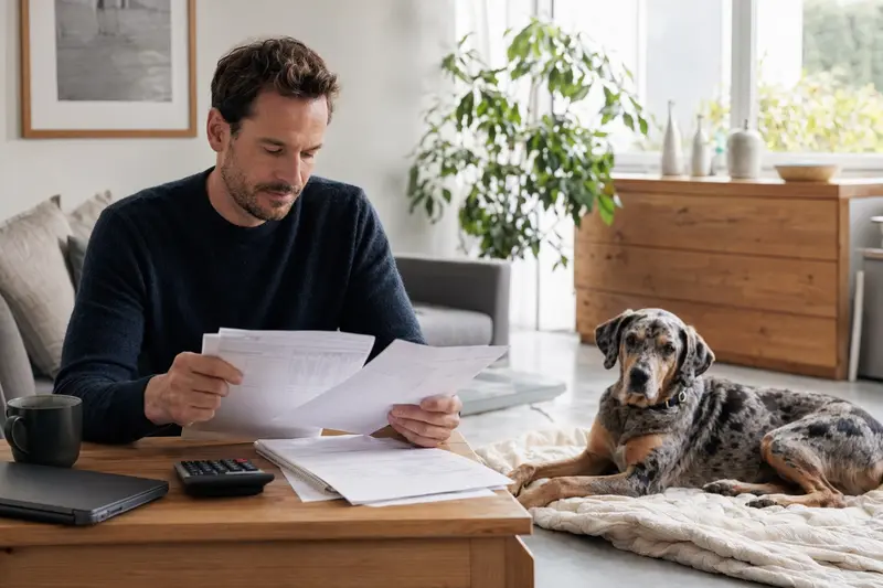 Ein Hundebesitzer sitzt mit einer Tierarztrechnung am Tisch, während ein Louisiana Catahoula Leopard Dog entspannt auf einer Decke liegt und die Hundekrankenversicherung im Alltag veranschaulicht.