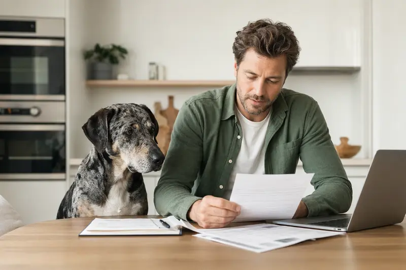 Ein Louisiana Catahoula Leopard Dog sitzt neben seinem Eigentümer am Küchentisch, während Versicherungsunterlagen und ein Laptop sichtbar sind.
