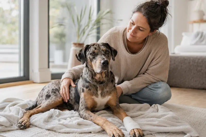 Ein beruhigter Louisiana Catahoula Leopard Dog mit leichtem Verband an der Pfote liegt auf einer Decke, während sein Besitzer erleichtert daneben sitzt.