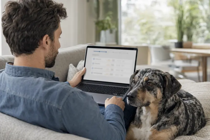 Hundebesitzer sitzt mit Laptop auf dem Sofa, während sein Louisiana Catahoula Leopard Dog neben ihm entspannt. Der Bildschirm zeigt eine neutrale Versicherungsvergleichsseite.