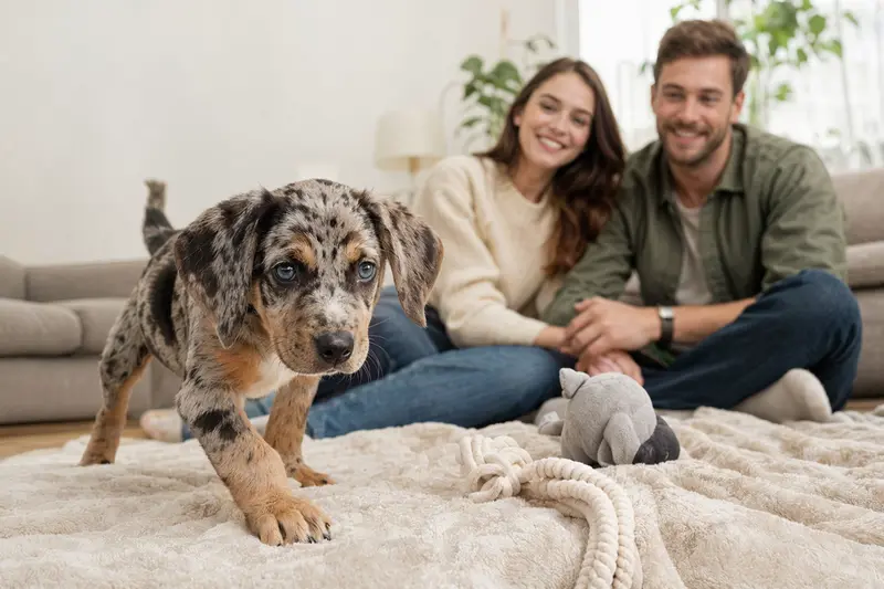 Ein neugieriger Louisiana Catahoula Leopard Dog Welpe erkundet sein neues Zuhause mit einer weichen Decke und Spielzeug.