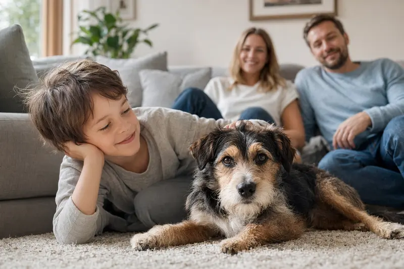 Ein freundlicher Lucas Terrier liegt entspannt neben einem Kind im hellen Wohnzimmer, während die Eltern im Hintergrund für eine sichere Familienatmosphäre sorgen.