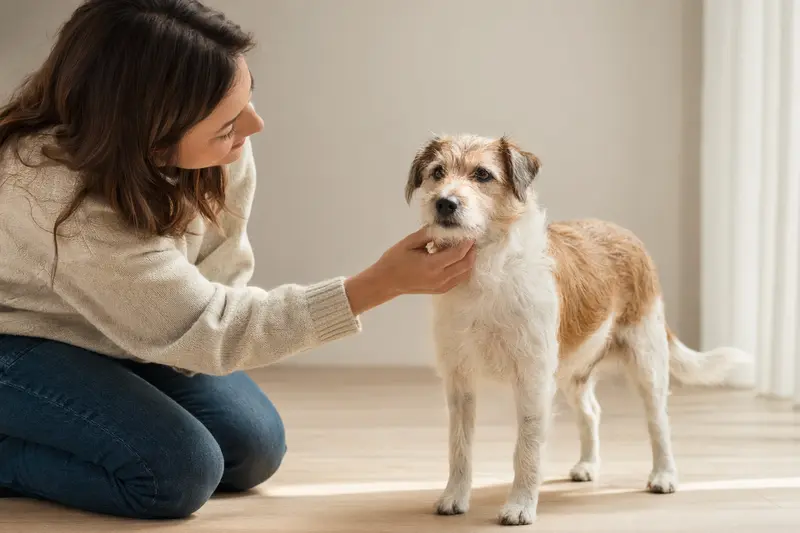 Aufmerksamer Lucas Terrier im natürlichen Stand vor hellem Hintergrund als realistisches Hundeportrait.