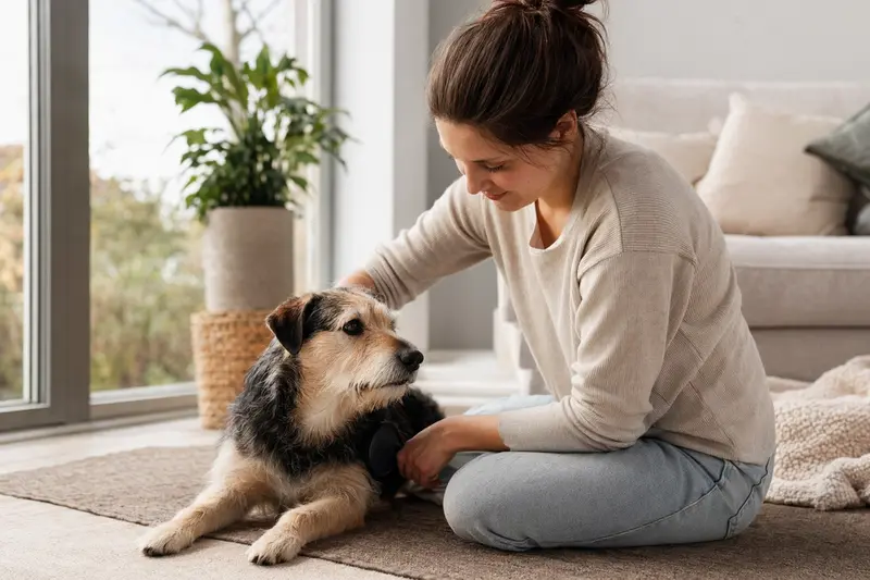 Ein Lucas Terrier wird in einer hellen Wohnung sanft gebürstet, während sein Besitzer liebevoll die Fellpflege übernimmt.