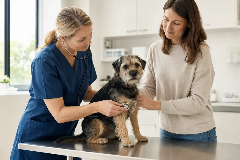 Eine Tierärztin untersucht einen ruhigen Lucas Terrier behutsam mit dem Stethoskop, während der Besitzer in einer modernen Tierarztpraxis beruhigend danebensteht.