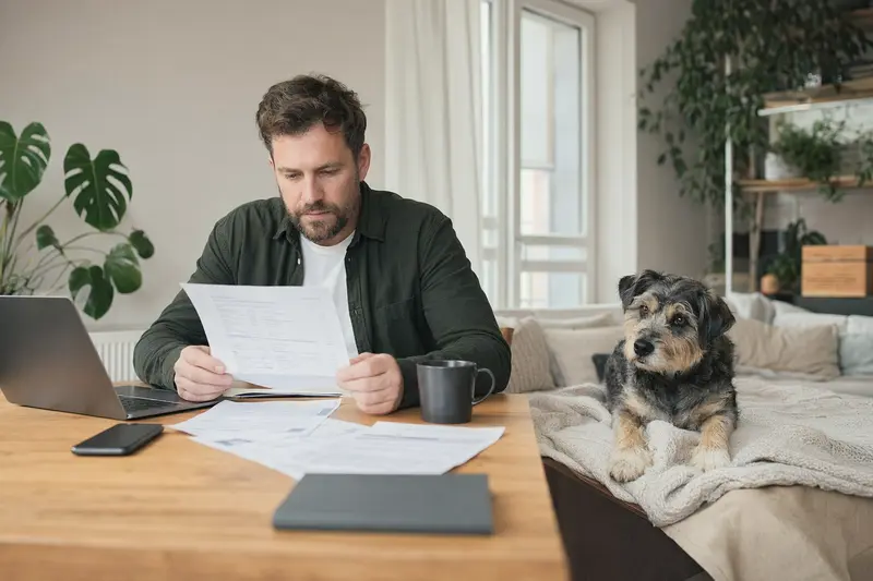 Ein Hundebesitzer sitzt mit einer Tierarztrechnung am Tisch, während ein entspannter Lucas Terrier auf einer Decke liegt – ein ruhiges Motiv zu Tierarztkosten und Hundversicherung.