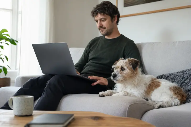 Ein Hundebesitzer arbeitet mit einem Laptop auf dem Sofa, während sein Lucas Terrier neben ihm sitzt, der Bildschirm zeigt eine neutrale Versicherungsvergleichsseite.