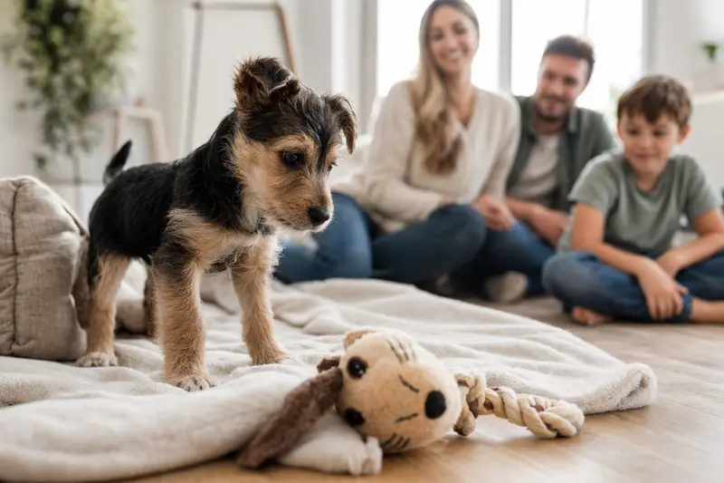 Ein junger Lucas Terrier Welpe erkundet neugierig sein neues Zuhause in einer hellen Wohnung mit weicher Decke und Spielzeug.