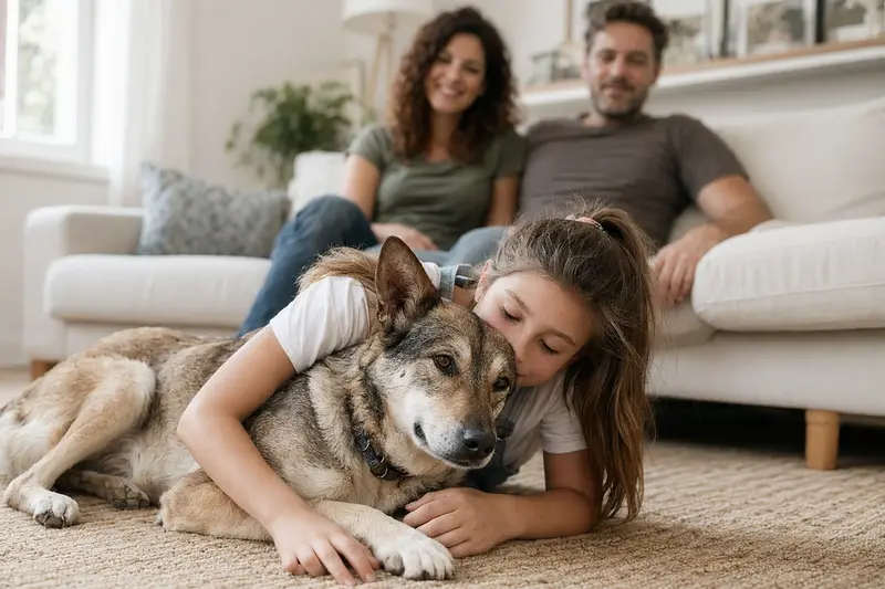 Ein Lupo Italiano liegt entspannt neben einem Kind im hellen Wohnzimmer, während die Eltern im Hintergrund eine sichere Familienatmosphäre schaffen.