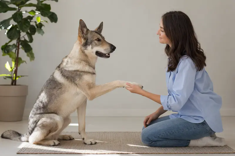 Aufmerksamer Lupo Italiano Hund in natürlicher Haltung vor hellem Hintergrund, als realistisches Tierportrait mit weichem Licht und klaren Details.