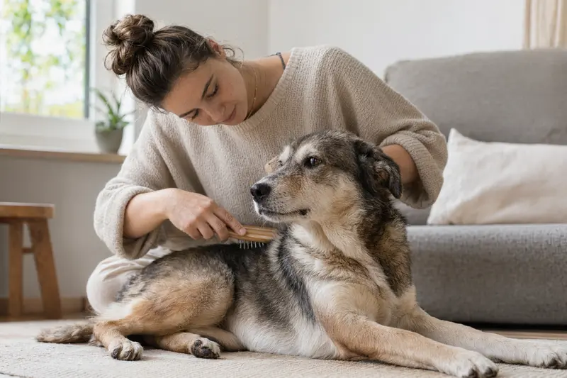 Ein Lupo Italiano Hund wird in einer hellen Wohnung liebevoll gebürstet und gepflegt.