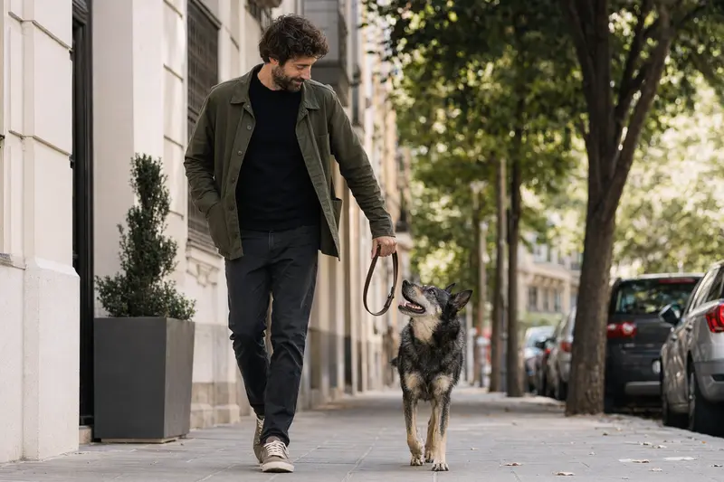 Ein Lupo Italiano läuft an der Leine mit seinem Besitzer durch eine freundliche moderne Stadtstraße.