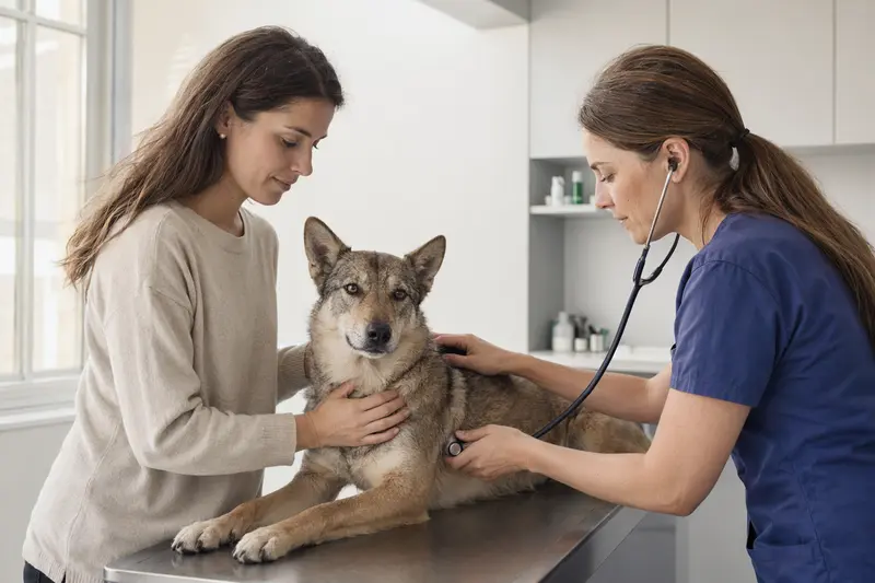Ein ruhiger Lupo Italiano Hund wird von einer freundlichen Tierärztin sorgfältig mit einem Stethoskop untersucht, während der Besitzer beruhigend daneben steht.