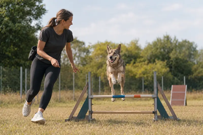 Ein aktiver Lupo Italiano Hund springt mit seinem Besitzer über eine kleine Trainingshürde auf dem Hundeplatz.