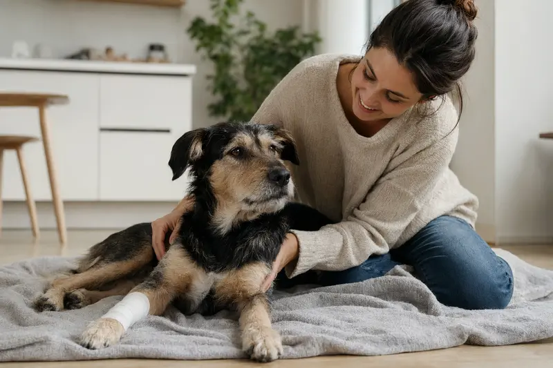 Ein Lupo Italiano Hund mit leichtem Verband an der Pfote liegt entspannt auf einer Decke, während sein Besitzer beruhigt neben ihm sitzt.