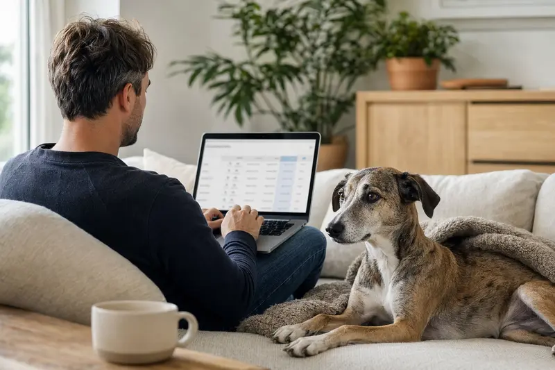 Ein Hundebesitzer arbeitet am Laptop im Wohnzimmer, während ein Lupo Italiano Hund neben ihm sitzt und eine neutrale Versicherungsvergleichsoberfläche anzeigt.