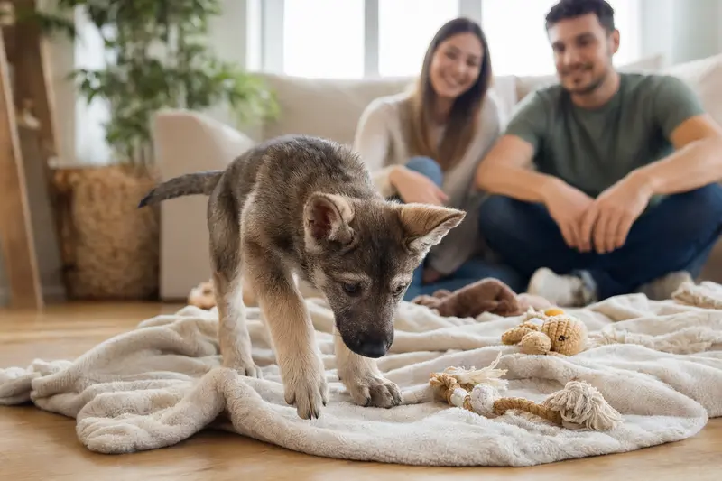 Ein neugieriger Lupo Italiano Welpe erkundet sein neues Zuhause und genießt die Gesellschaft seiner liebevollen Familie.