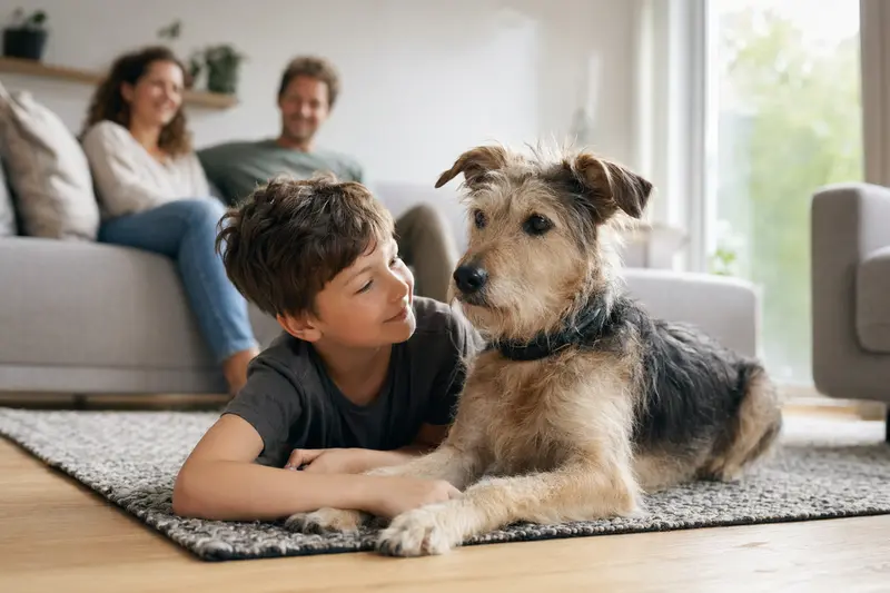 Ein freundlicher Lurcher Hund liegt entspannt neben einem Kind im hellen Wohnzimmer, während die Eltern im Hintergrund eine sichere Familienatmosphäre schaffen.